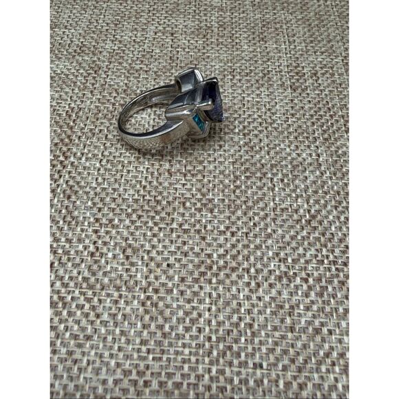 Sterling Silver 925 Blue Heart Ring w/ Lab Opal Inlay & CZ Accents – Size 7 - Picture 6 of 6